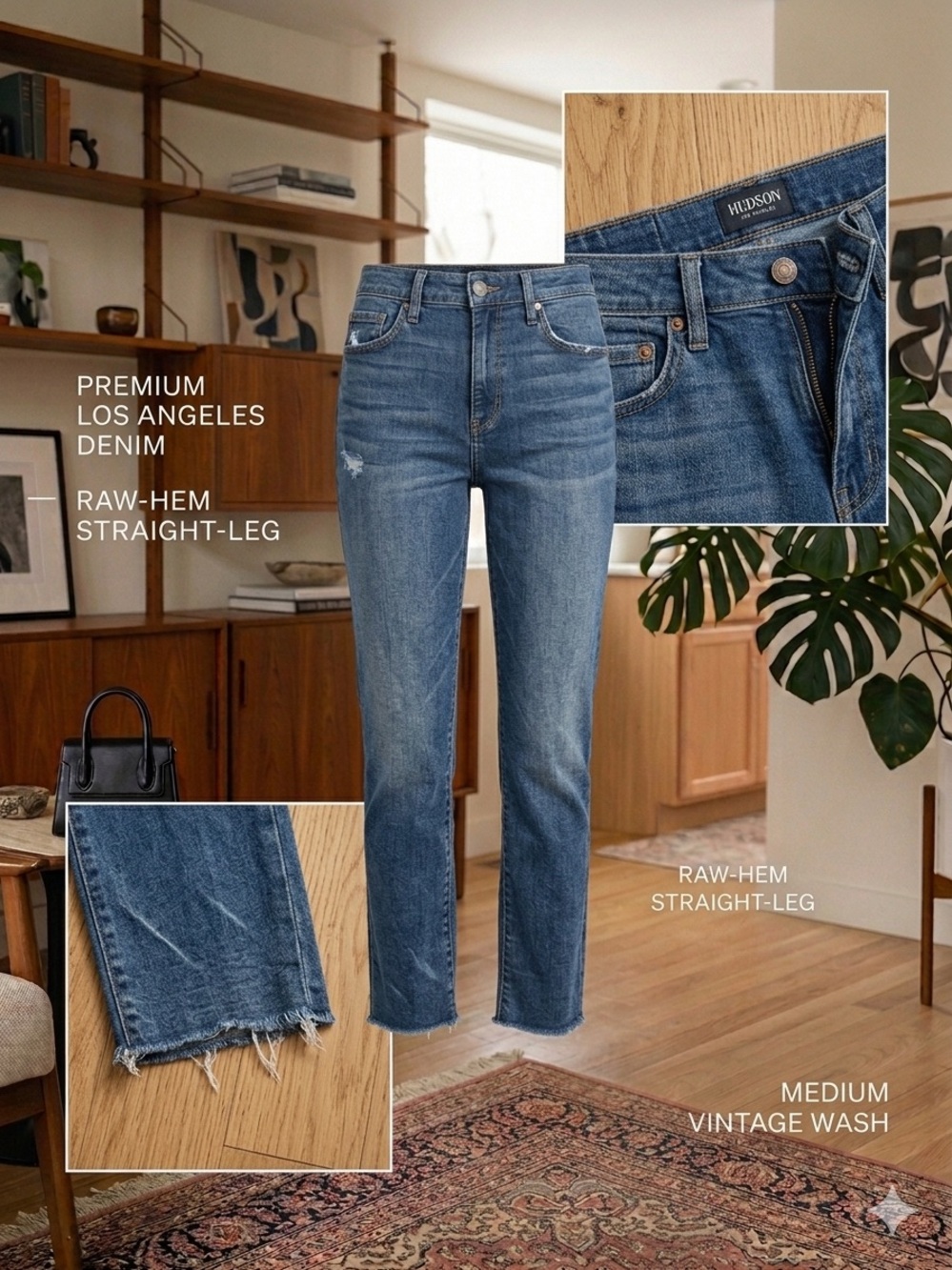 Hudson Jeans Raw-Hem Straight-Leg Jeans in Medium Blue
